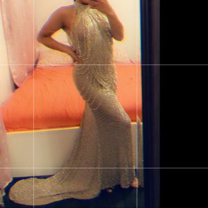 sherri hill gold halter long dress